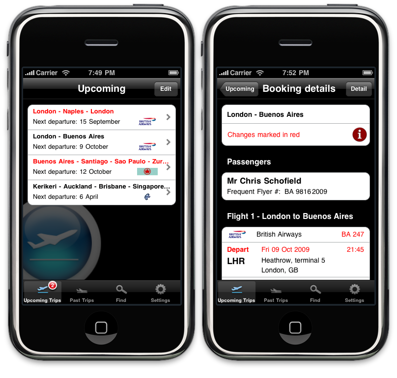 Screenshots of My Flights v1.1 and v1.2